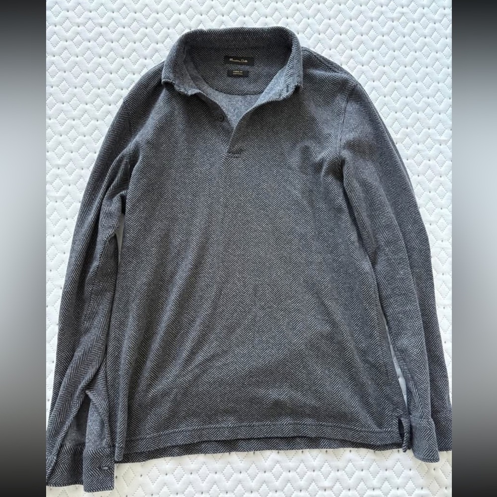 Massimo Dutti Grey Herringbone Pattern Polo Shirt Size Medium